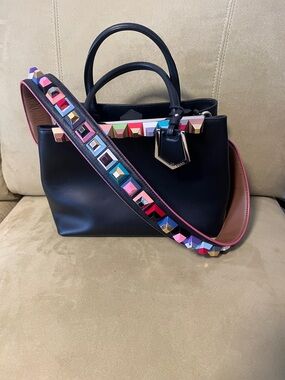 Fendi Black Leather Studded 
Petite 2Jours Tote and
 Removable Studded 
 Strap